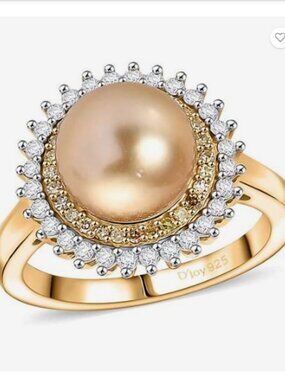 Gorgeous South Sea Golden Pearl,Natural Yellow/White Diamond Sunburst Halo Ring